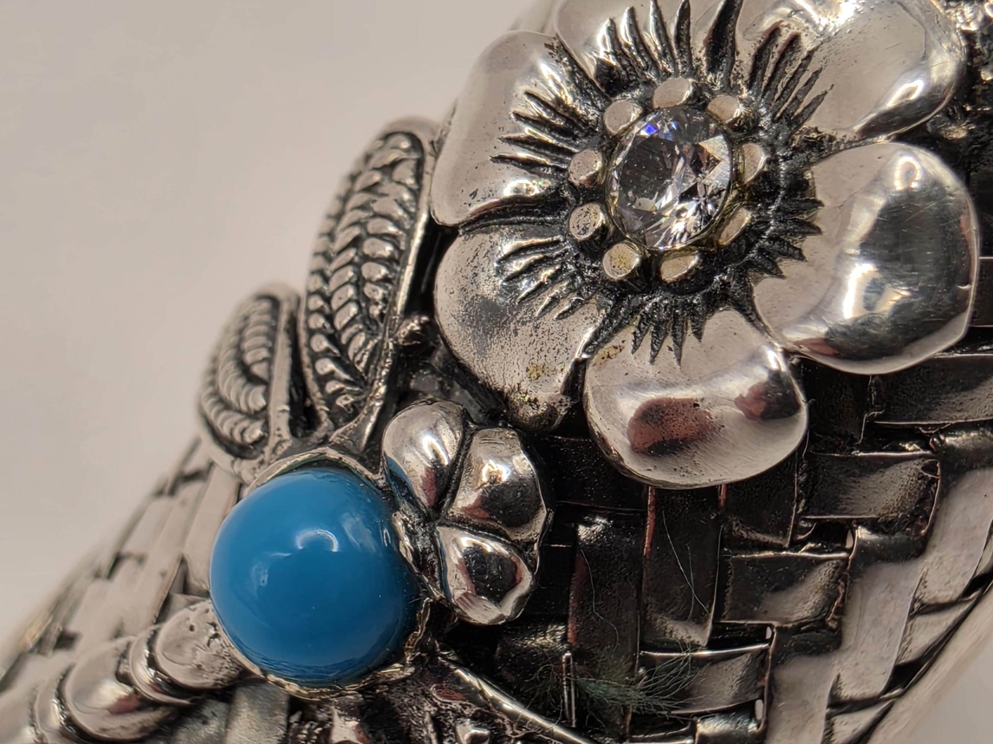 Turquoise CZ Dragonfly Ring Sterling Silver Floral Shield Statement Size 6 9.2 Grams Nature Boho Gift for Her