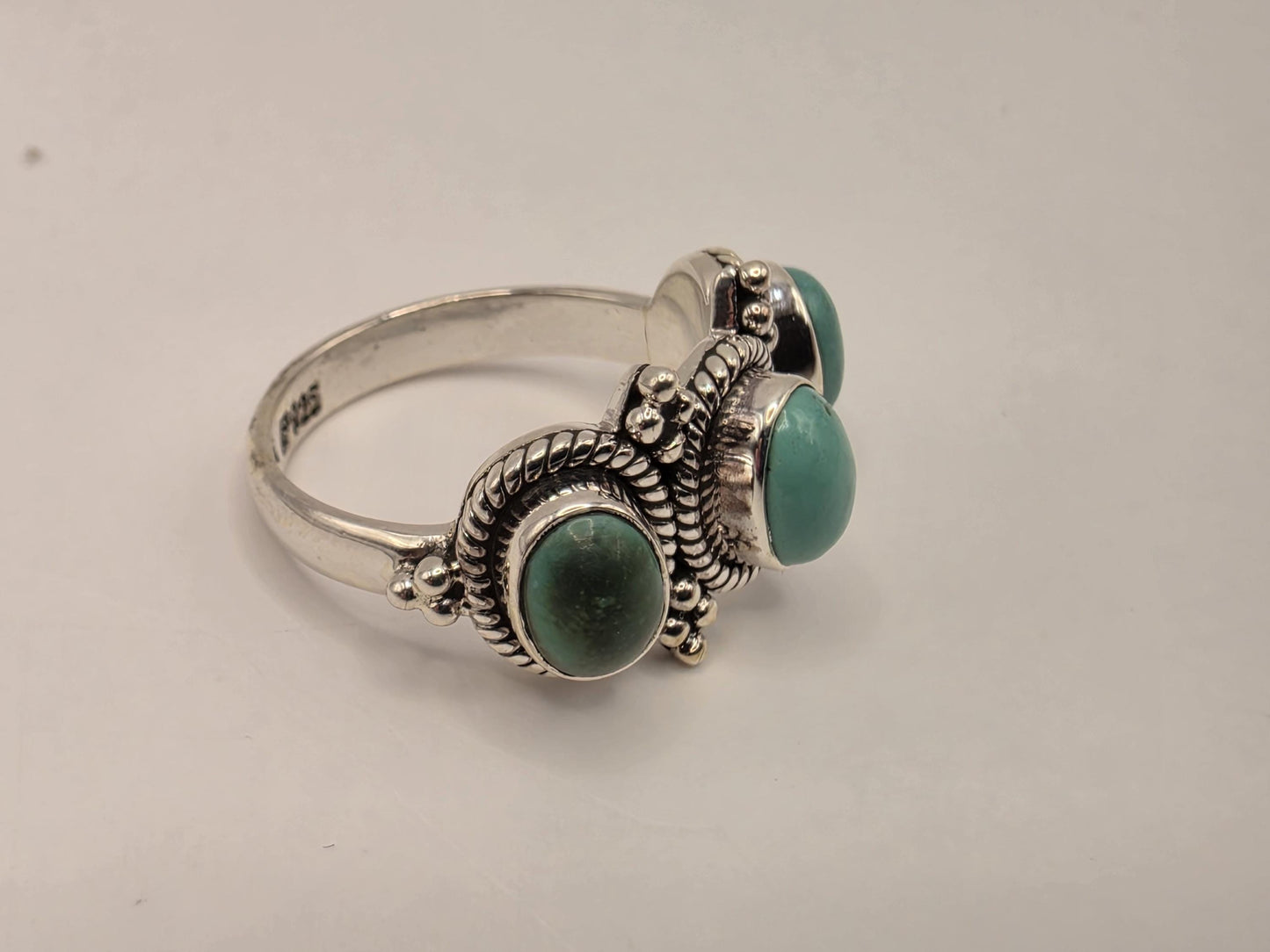 Three Stone Turquoise Ring Sterling Silver Bali Ropework Size 7 6.3 Grams Cabochon Southwest Statement Gift for Her