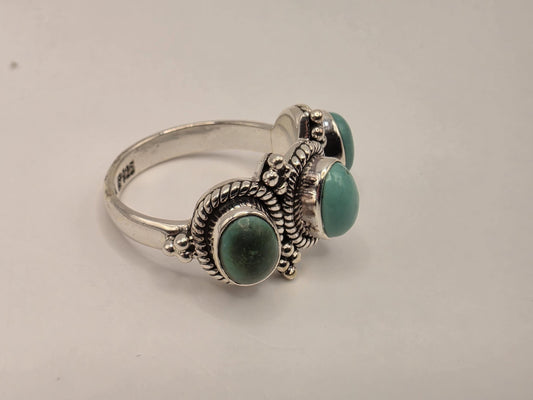 Three Stone Turquoise Ring Sterling Silver Bali Ropework Size 7 6.3 Grams Cabochon Southwest Statement Gift for Her