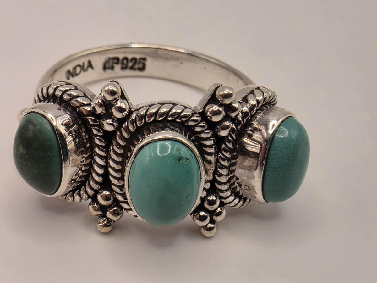 Three Stone Turquoise Ring Sterling Silver Bali Ropework Size 7 6.3 Grams Cabochon Southwest Statement Gift for Her