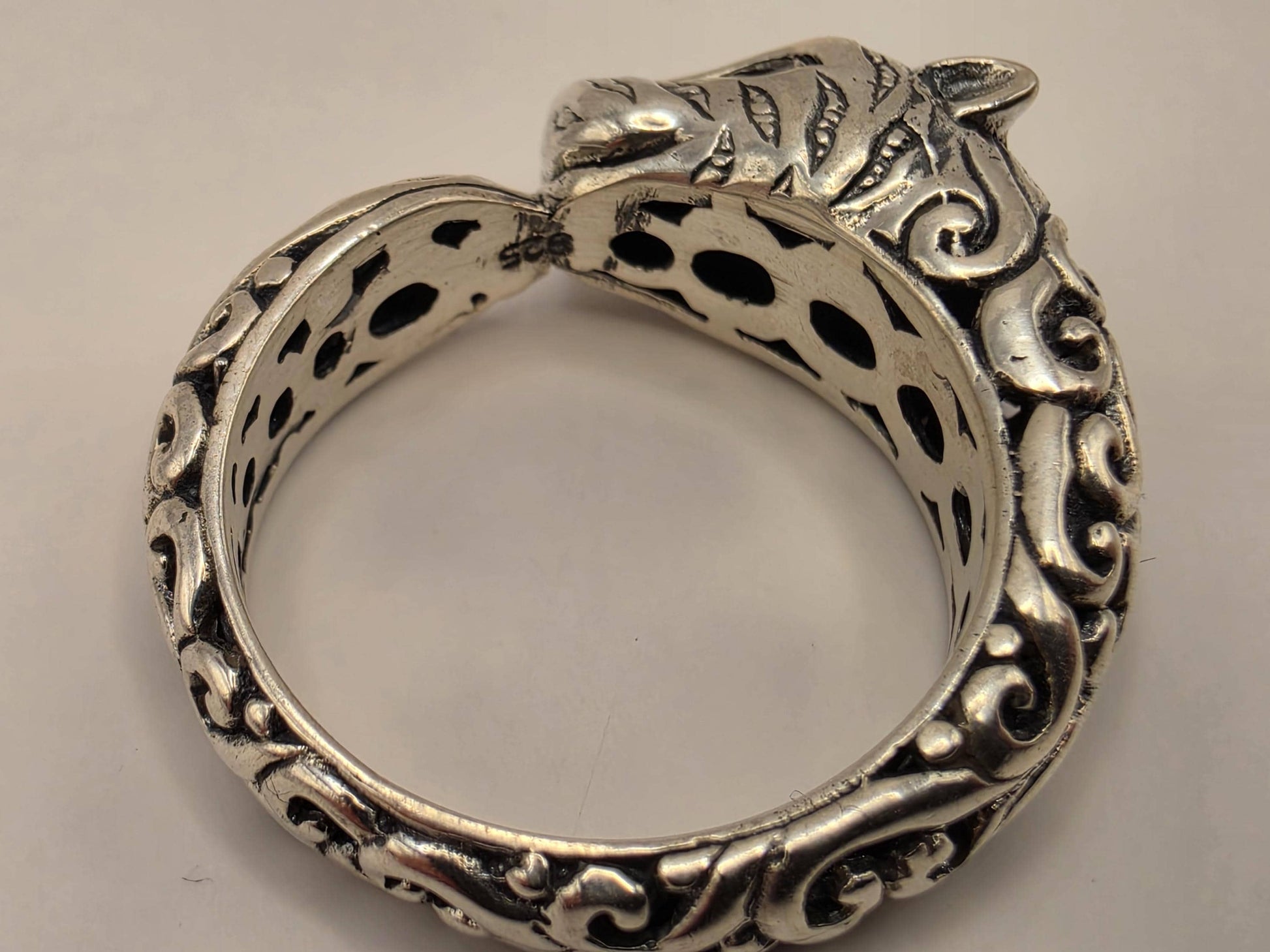 Sterling Silver Jaguar Ouroboros Ring Size 7 Ornate Big Cat Biting Tail Circle Band 5 Grams Oxidized Mythology Statement Ring