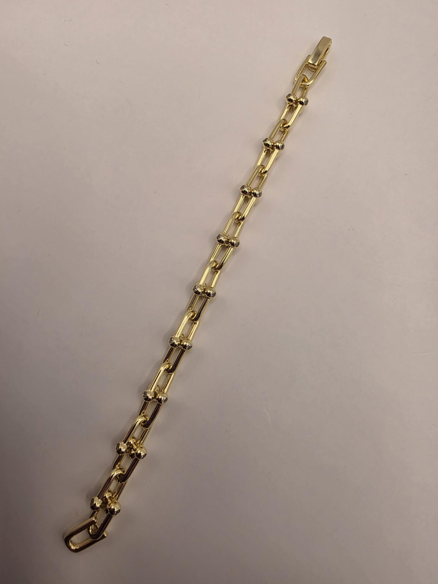 Gold Plated Silver Ball Link Bracelet CZ Accent Paperclip Chain 7 Inch 21 Grams Chunky Hardware Statement Gift for Her