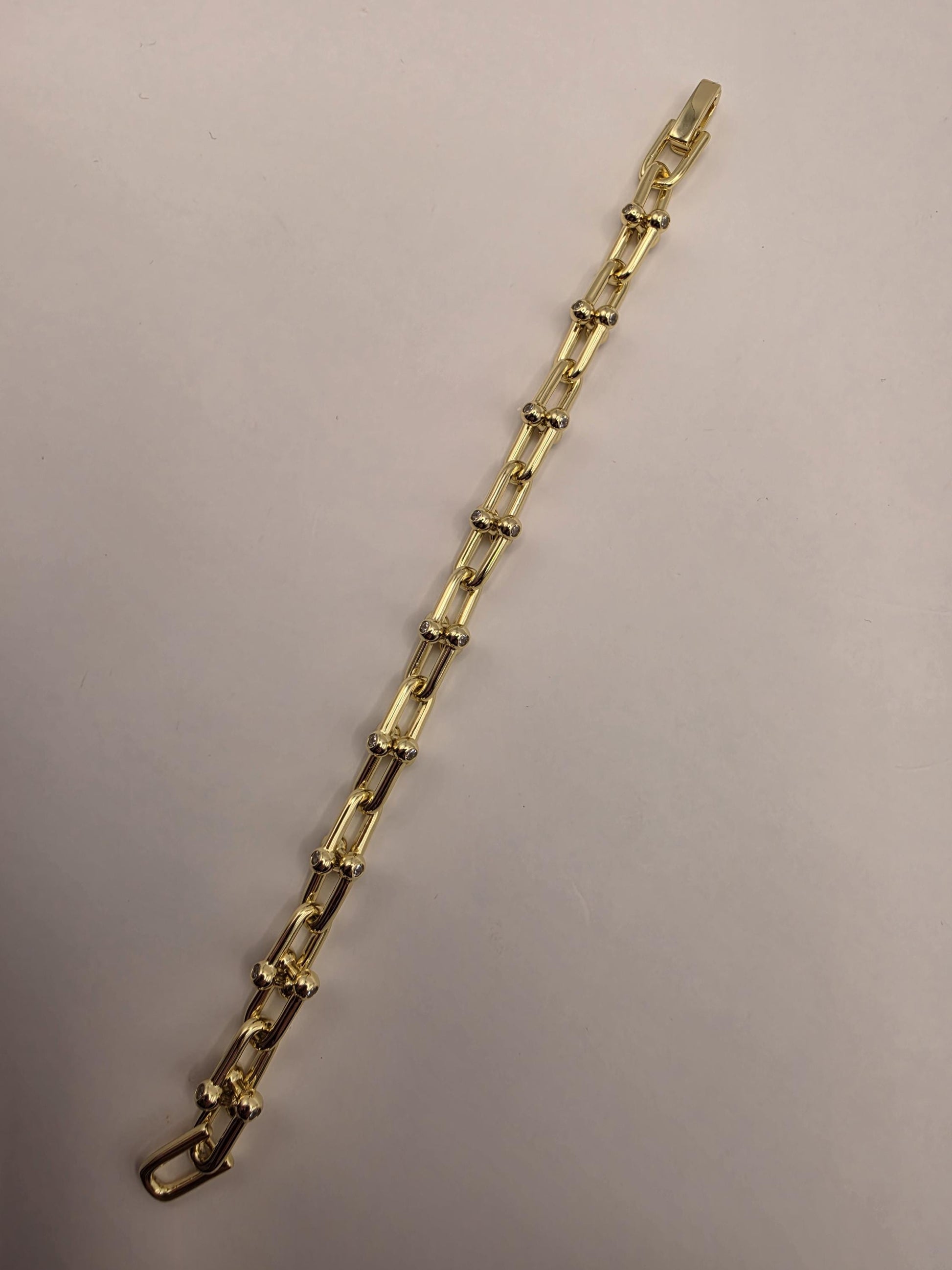 Gold Plated Silver Ball Link Bracelet CZ Accent Paperclip Chain 7 Inch 21 Grams Chunky Hardware Statement Gift for Her