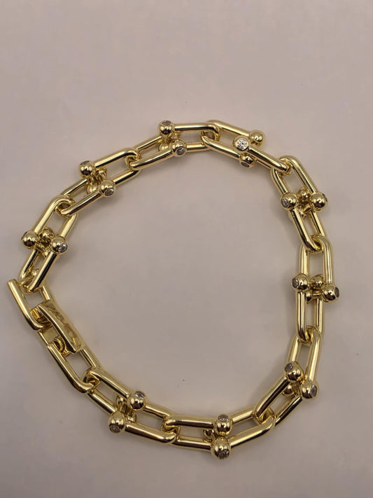 Gold Plated Silver Ball Link Bracelet CZ Accent Paperclip Chain 7 Inch 21 Grams Chunky Hardware Statement Gift for Her