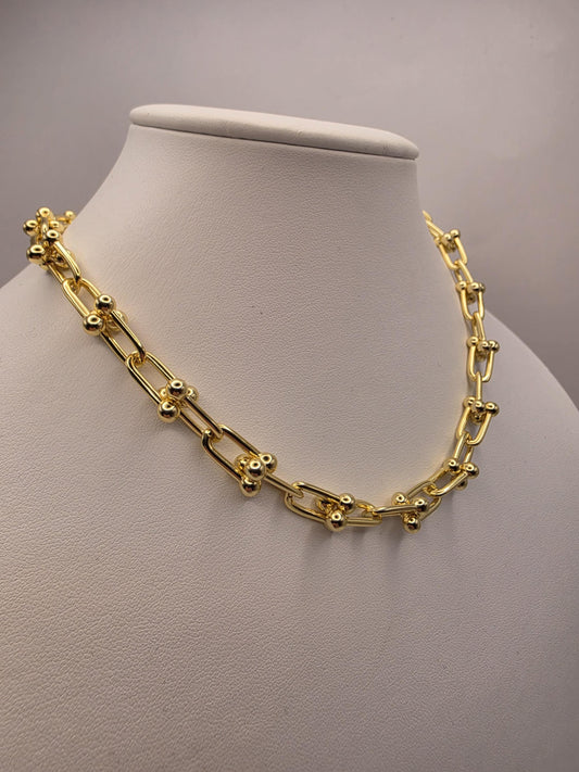 Gold Plated Silver Ball Link Necklace Paperclip Chain 16 Inch 54.8 Grams Chunky Hardware Carabiner Statement Jewelry