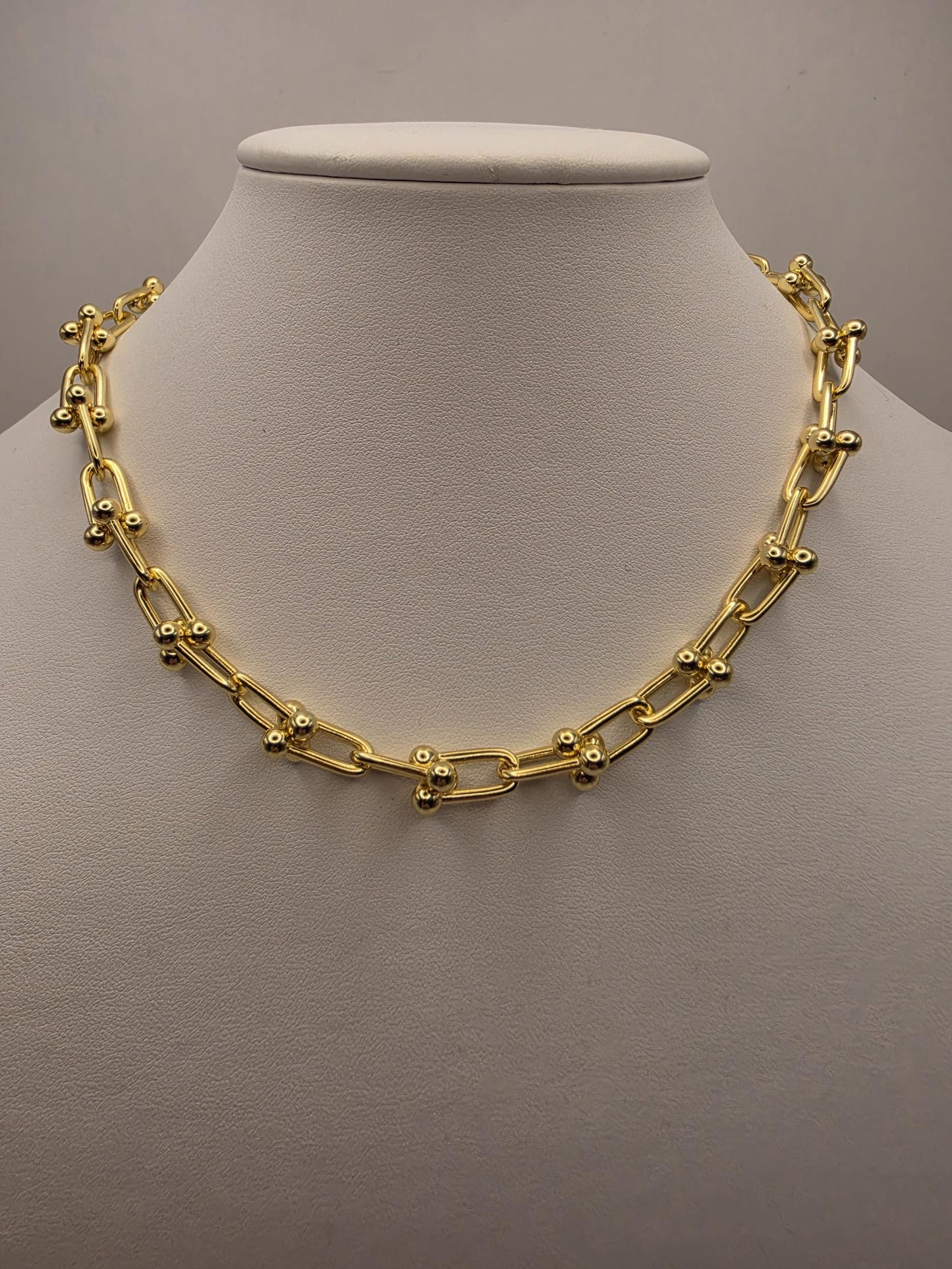 Gold Plated Silver Ball Link Necklace Paperclip Chain 16 Inch 54.8 Grams Chunky Hardware Carabiner Statement Jewelry