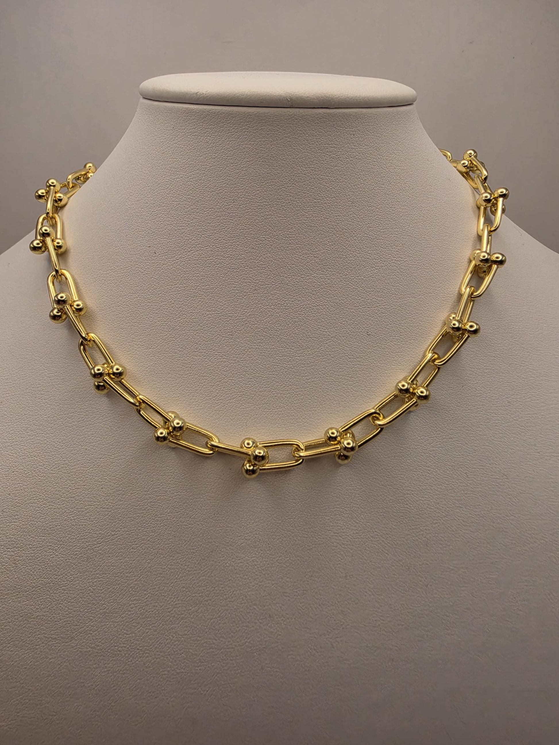 Gold Plated Silver Ball Link Necklace Paperclip Chain 16 Inch 54.8 Grams Chunky Hardware Carabiner Statement Jewelry