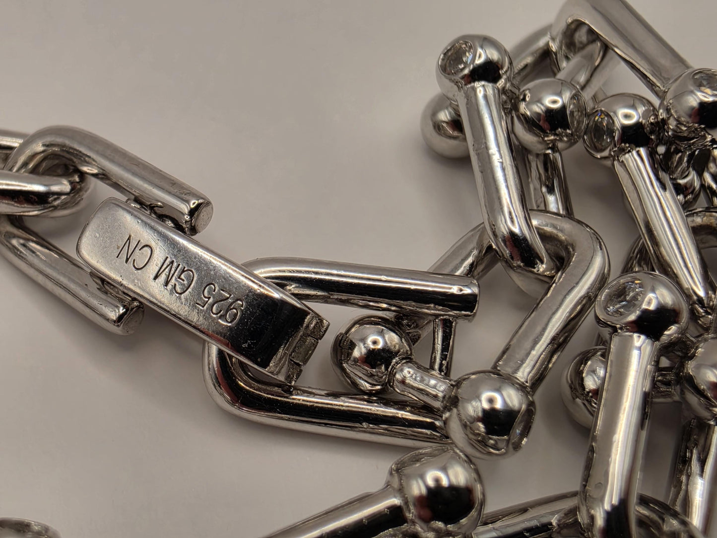 Sterling Silver Ball Link Bracelet CZ Accent Paperclip Chain 8 Inch 23.9 Grams Chunky Hardware Unisex Statement Gift