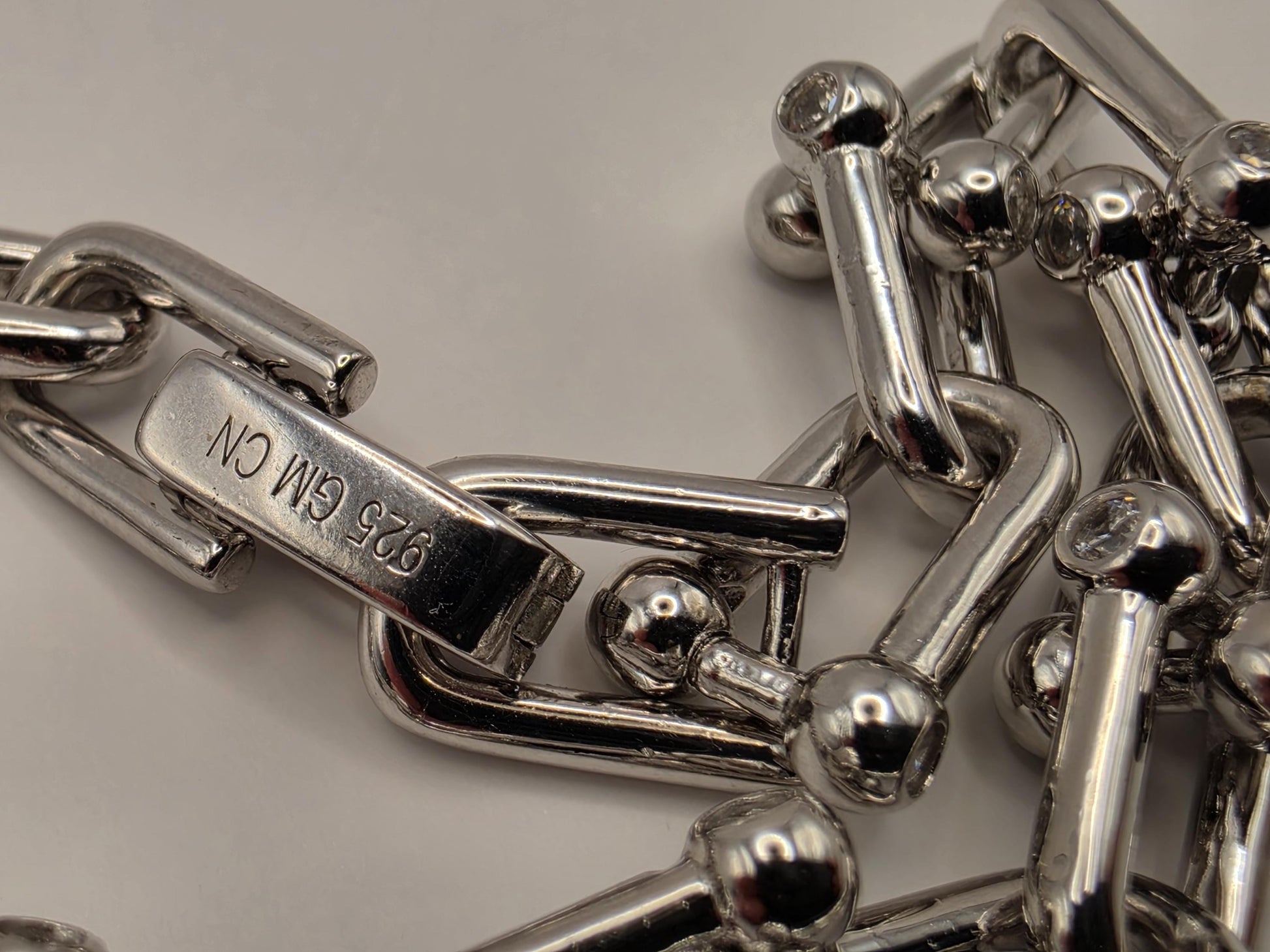 Sterling Silver Ball Link Bracelet CZ Accent Paperclip Chain 8 Inch 23.9 Grams Chunky Hardware Unisex Statement Gift