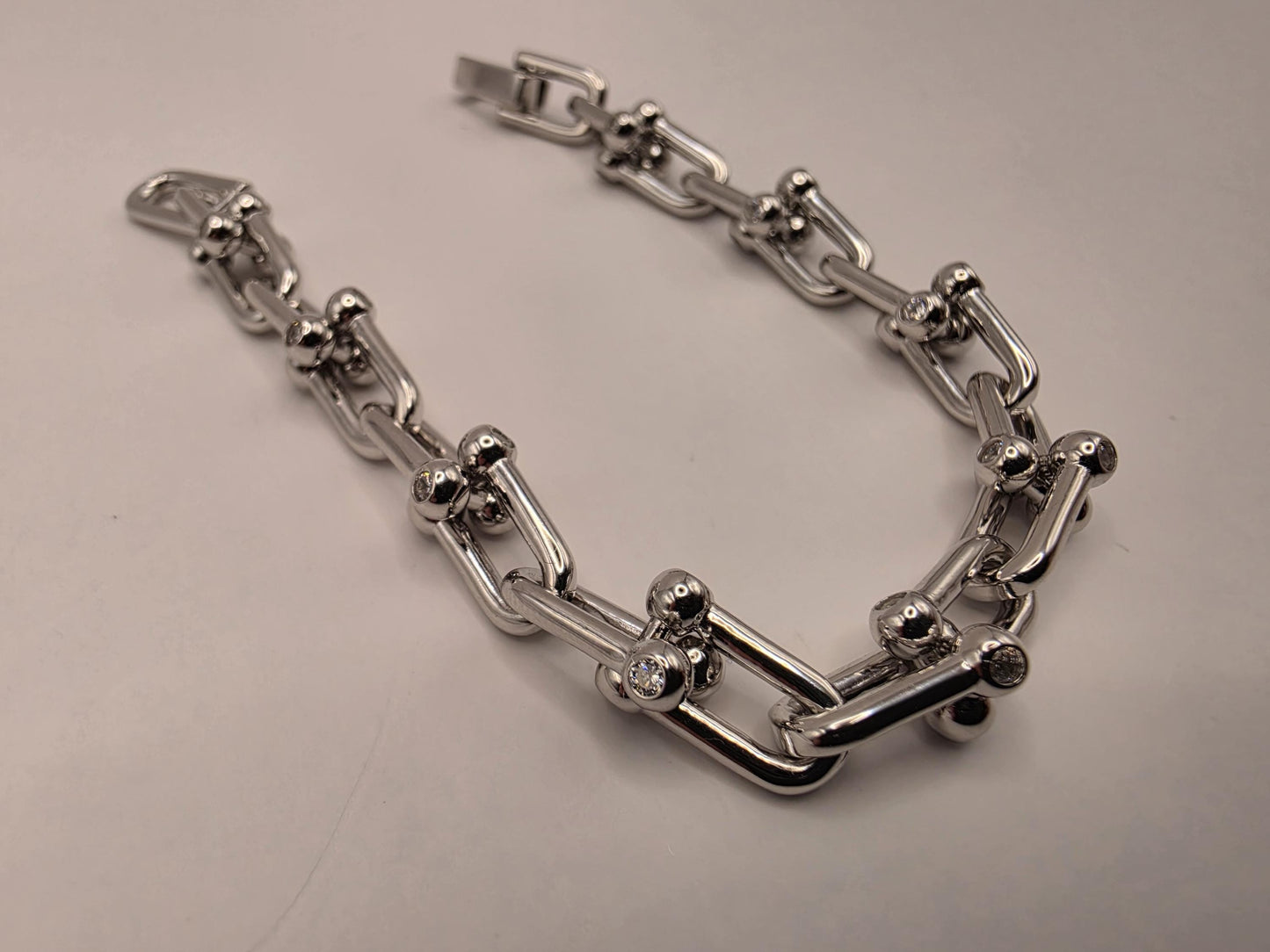 Sterling Silver Ball Link Bracelet CZ Accent Paperclip Chain 7 Inch 21.1 Grams Chunky Hardware Statement Gift for Her
