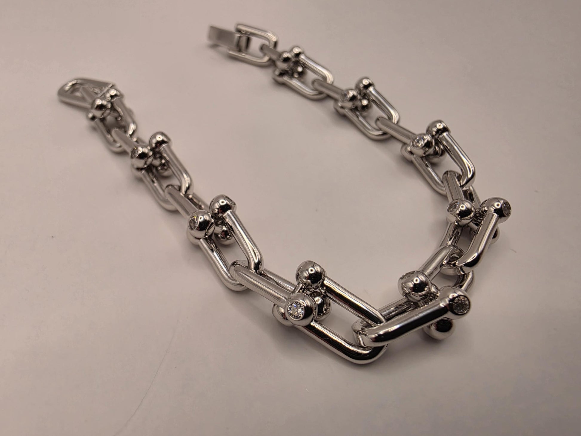 Sterling Silver Ball Link Bracelet CZ Accent Paperclip Chain 7 Inch 21.1 Grams Chunky Hardware Statement Gift for Her