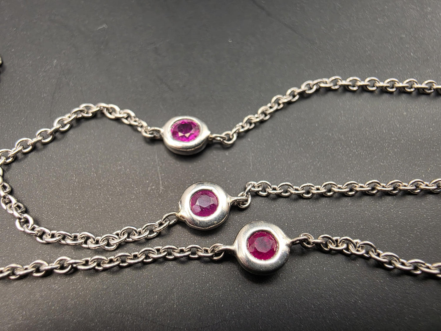 925 Sterling Silver Ruby and Diamond Station Necklace 35 Inch Genuine Ruby 0.10ct Diamond Bezel Set Long Layering Chain Womens Gift for Her