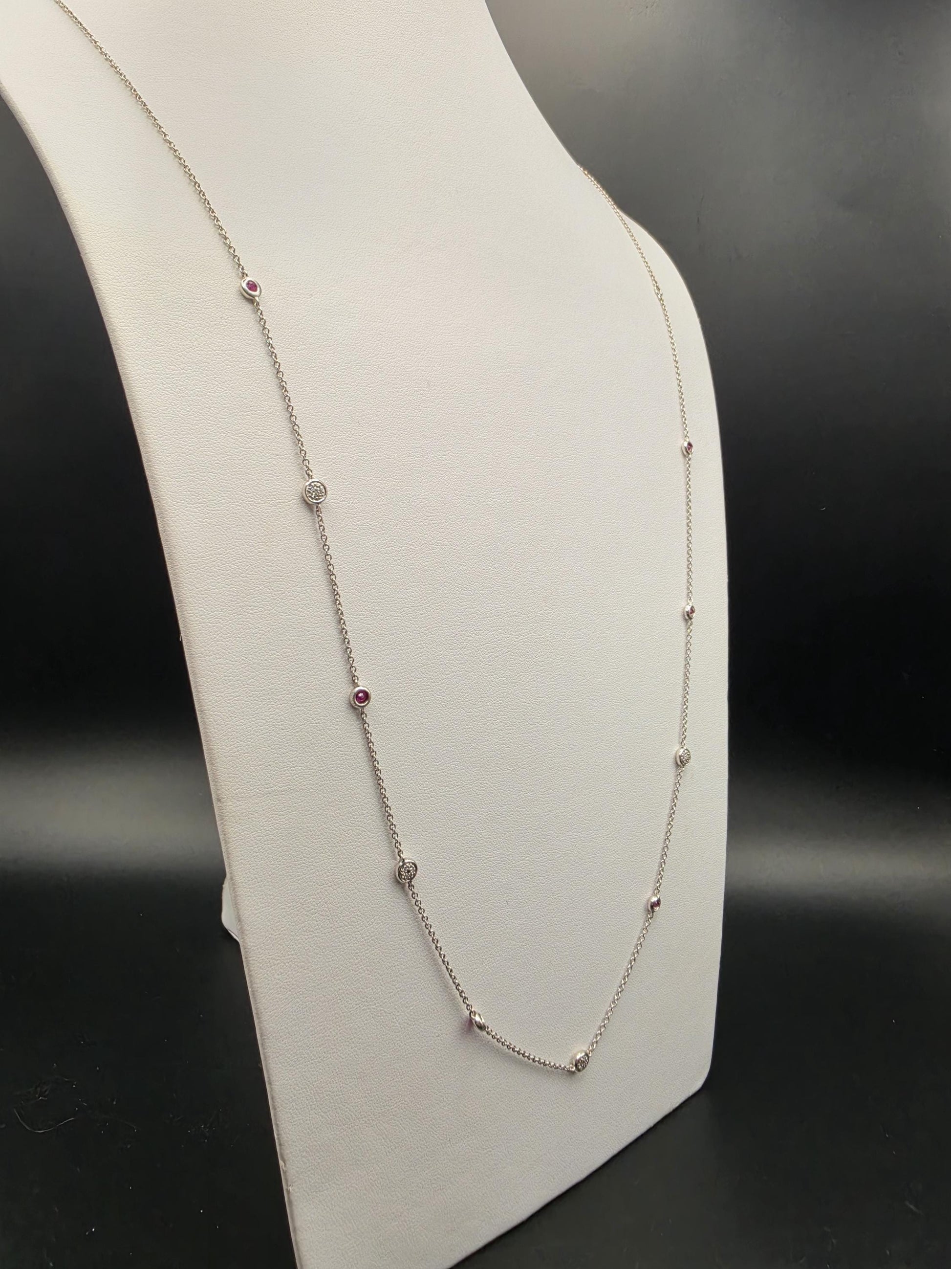 925 Sterling Silver Ruby and Diamond Station Necklace 35 Inch Genuine Ruby 0.10ct Diamond Bezel Set Long Layering Chain Womens Gift for Her