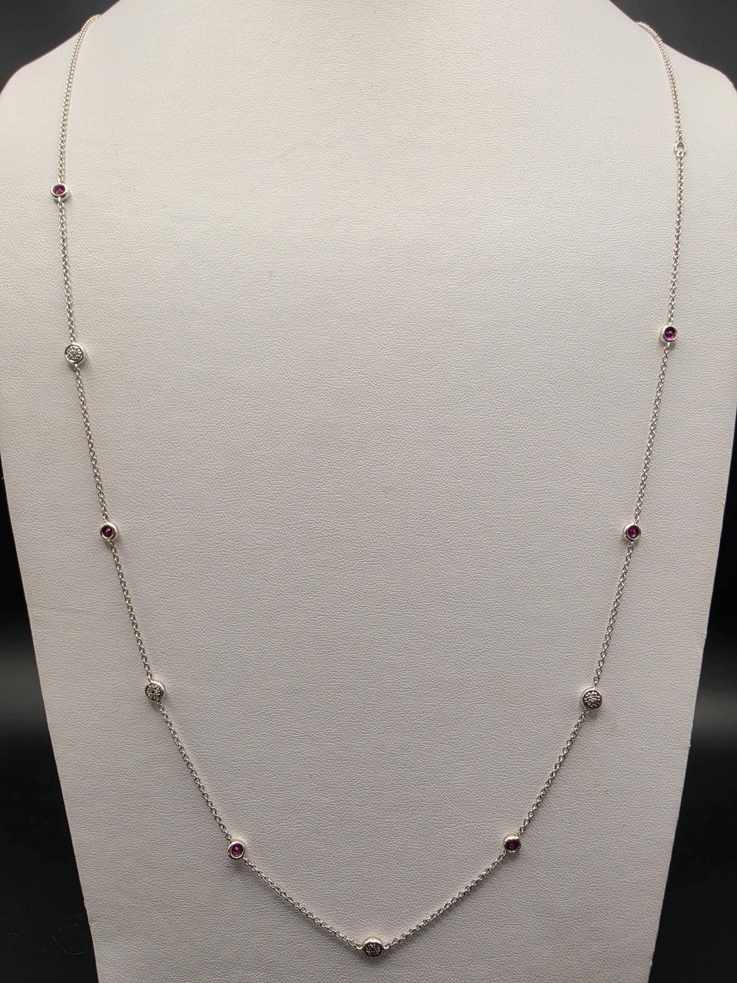 925 Sterling Silver Ruby and Diamond Station Necklace 35 Inch Genuine Ruby 0.10ct Diamond Bezel Set Long Layering Chain Womens Gift for Her