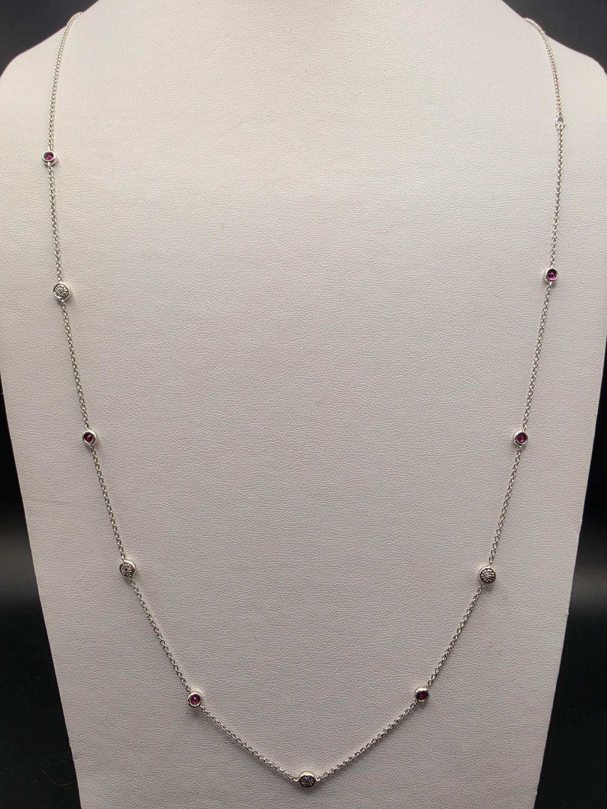 925 Sterling Silver Ruby and Diamond Station Necklace 35 Inch Genuine Ruby 0.10ct Diamond Bezel Set Long Layering Chain Womens Gift for Her