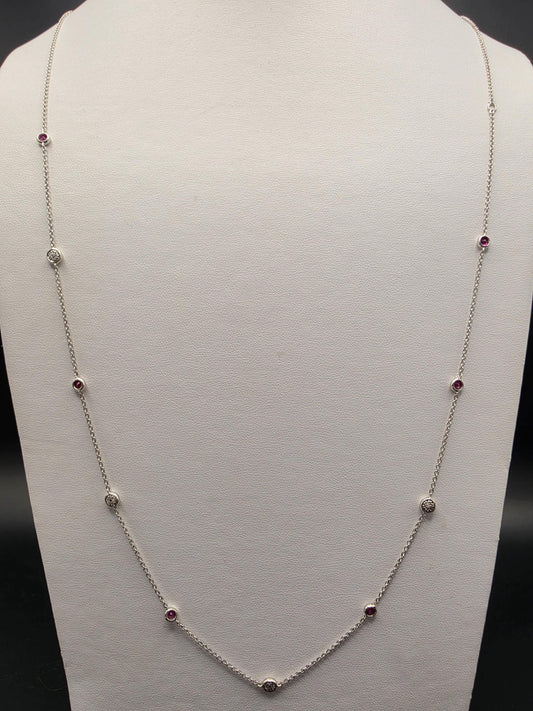 925 Sterling Silver Ruby and Diamond Station Necklace 35 Inch Genuine Ruby 0.10ct Diamond Bezel Set Long Layering Chain Womens Gift for Her