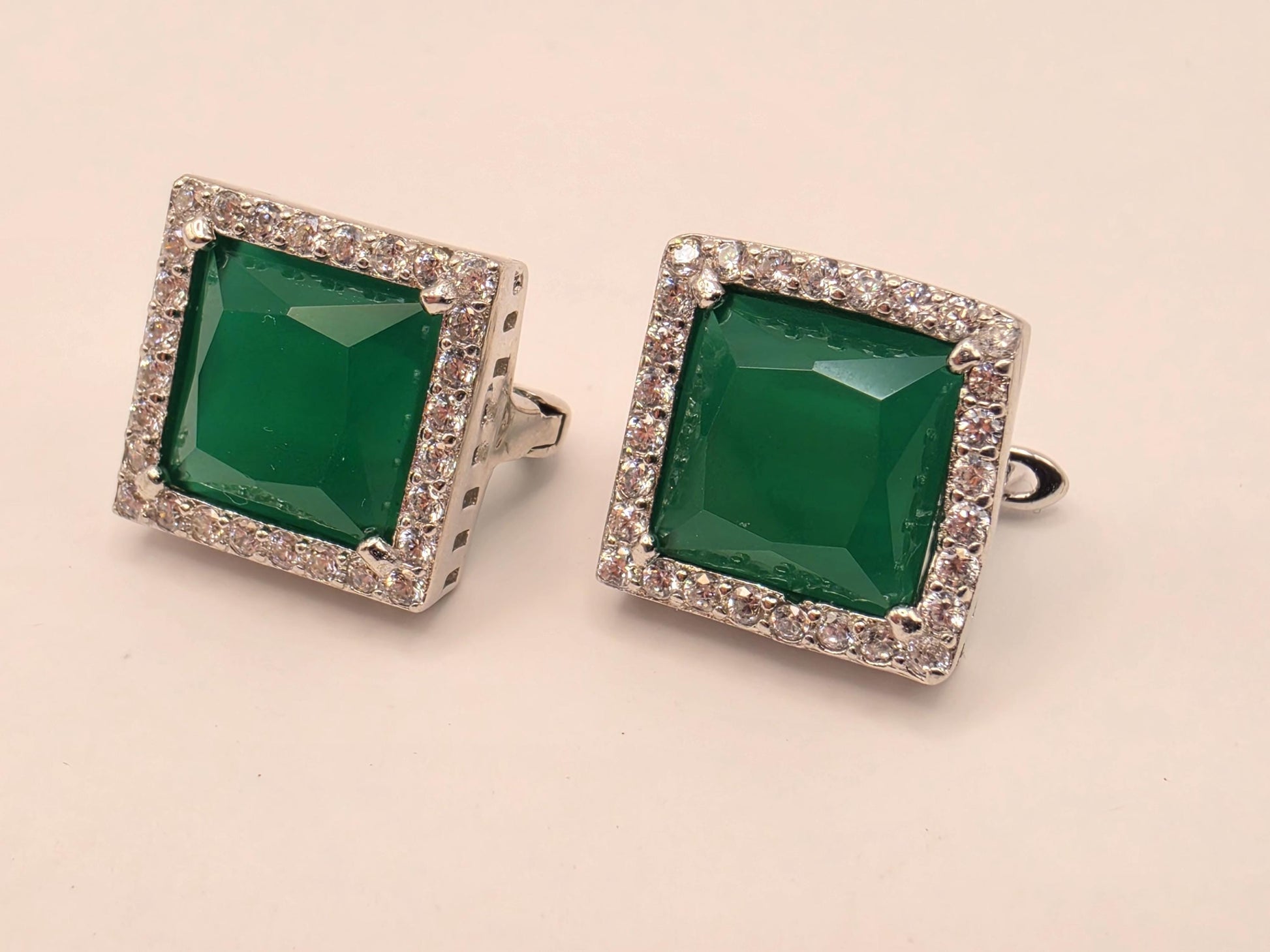 925 Sterling Silver Green Stone Stud Earrings Square Halo CZ Emerald Green Statement Studs Womens Fashion Jewelry Gift for Her