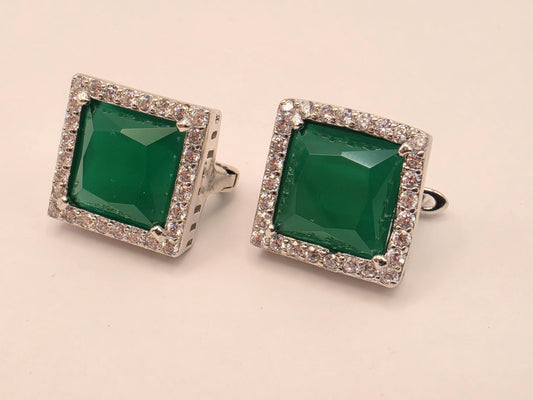 925 Sterling Silver Green Stone Stud Earrings Square Halo CZ Emerald Green Statement Studs Womens Fashion Jewelry Gift for Her