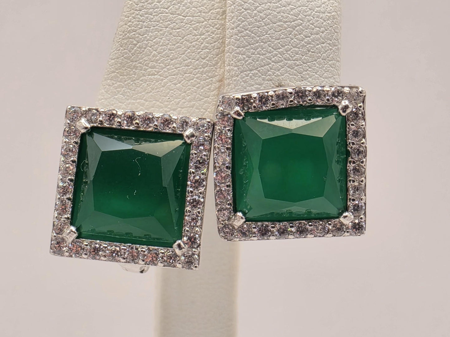 925 Sterling Silver Green Stone Stud Earrings Square Halo CZ Emerald Green Statement Studs Womens Fashion Jewelry Gift for Her