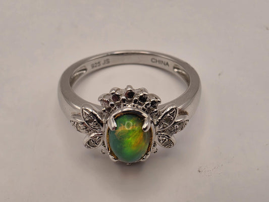 925 Sterling Silver Fire Opal Ring Genuine Diamond Accent Oval Opal Womens Cocktail Ring October Birthstone Fine Jewelry Gift for Her