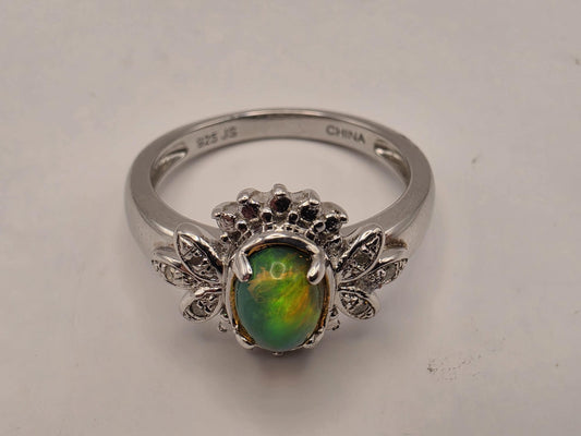 925 Sterling Silver Fire Opal Ring Genuine Diamond Accent Oval Opal Womens Cocktail Ring October Birthstone Fine Jewelry Gift for Her