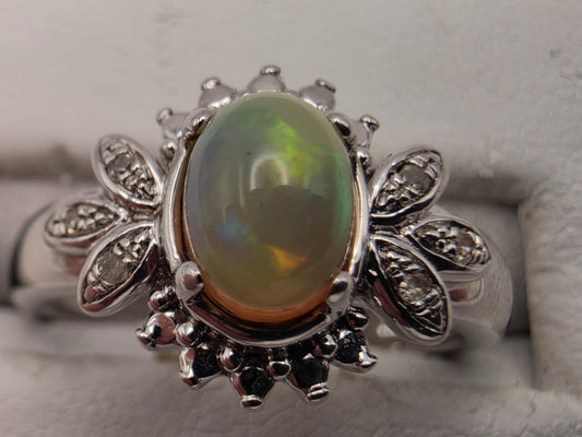 925 Sterling Silver Fire Opal Ring Genuine Diamond Accent Oval Opal Womens Cocktail Ring October Birthstone Fine Jewelry Gift for Her