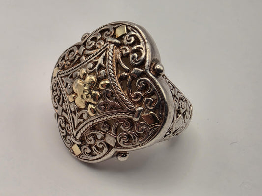 925 Sterling Silver 14k Gold Ring Balinese Scrollwork Two Tone Filigree Statement Womens Cocktail Ring Fine Jewelry Gift for Her