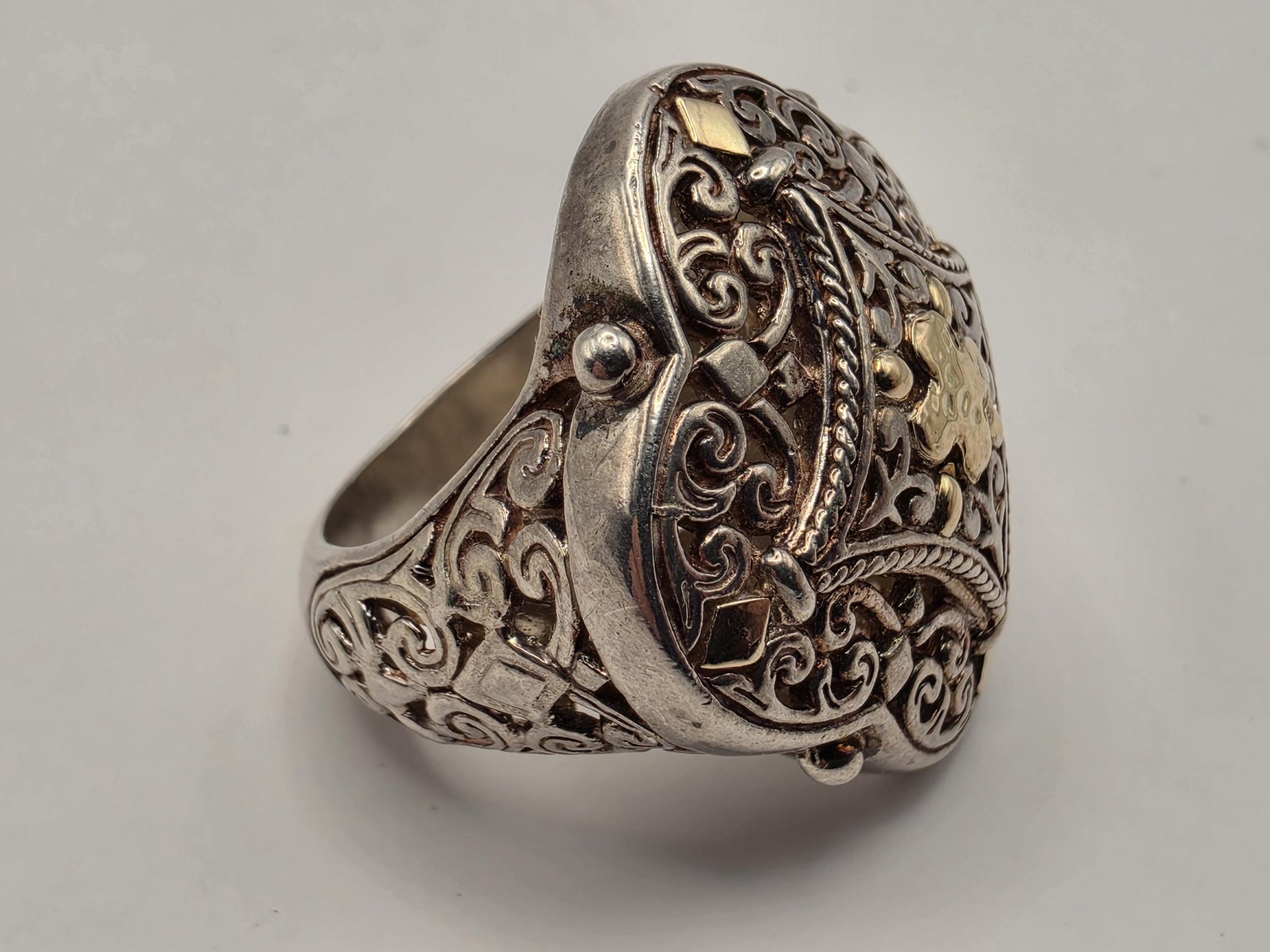 925 Sterling Silver 14k Gold Ring Balinese Scrollwork Two Tone Filigree Statement Womens Cocktail Ring Fine Jewelry Gift for Her