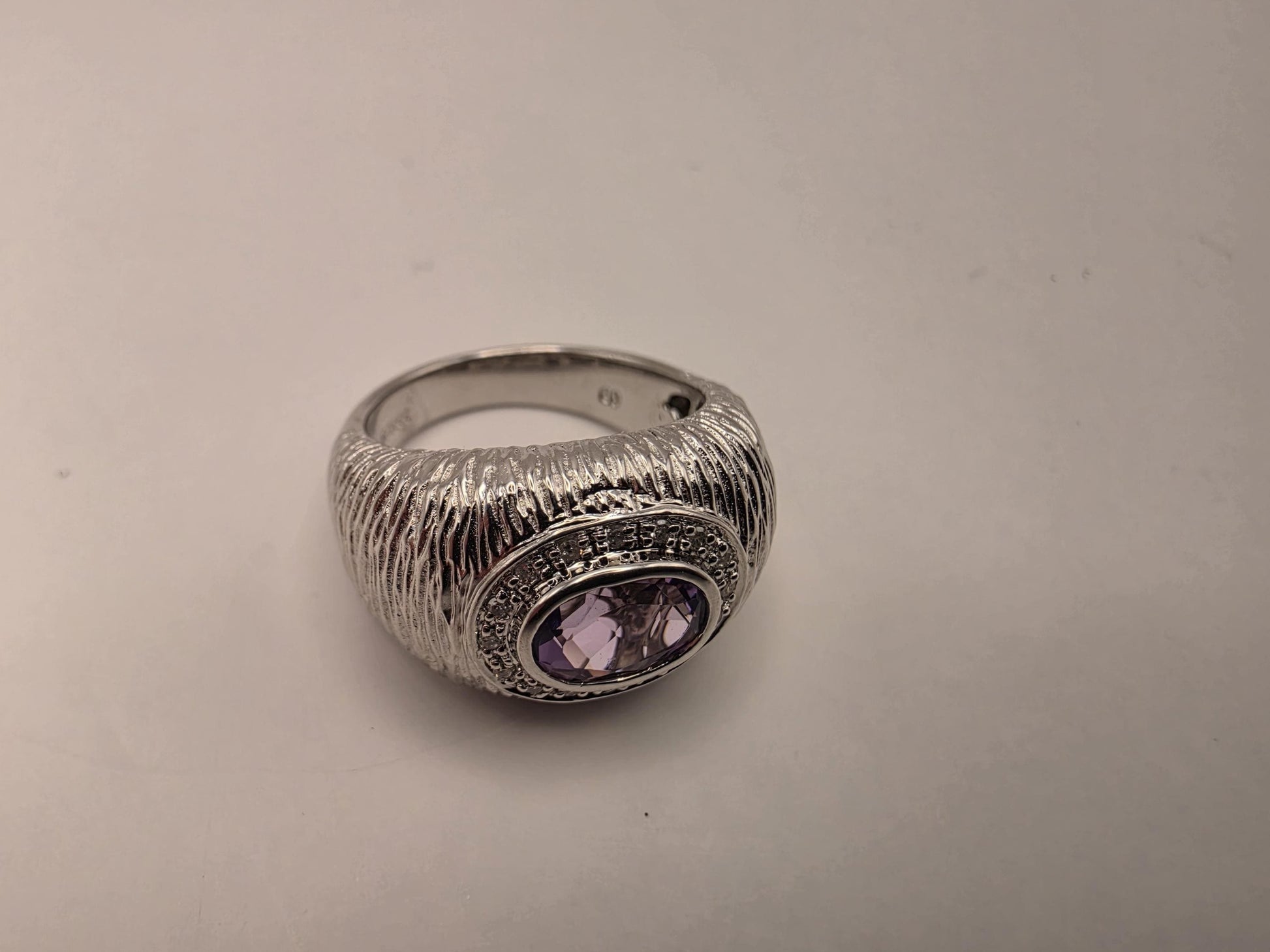 925 Sterling Silver Amethyst Ring Genuine Diamond Accent Purple Gemstone Textured Dome Womens Cocktail Ring February Birthstone Gift for Her
