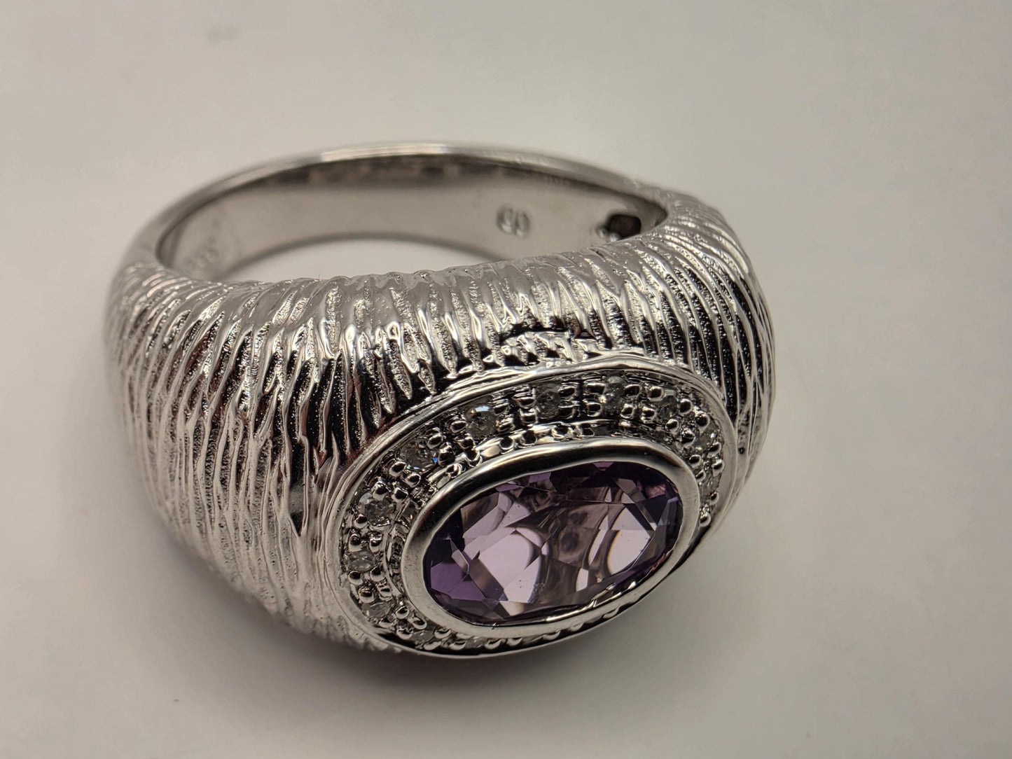 925 Sterling Silver Amethyst Ring Genuine Diamond Accent Purple Gemstone Textured Dome Womens Cocktail Ring February Birthstone Gift for Her