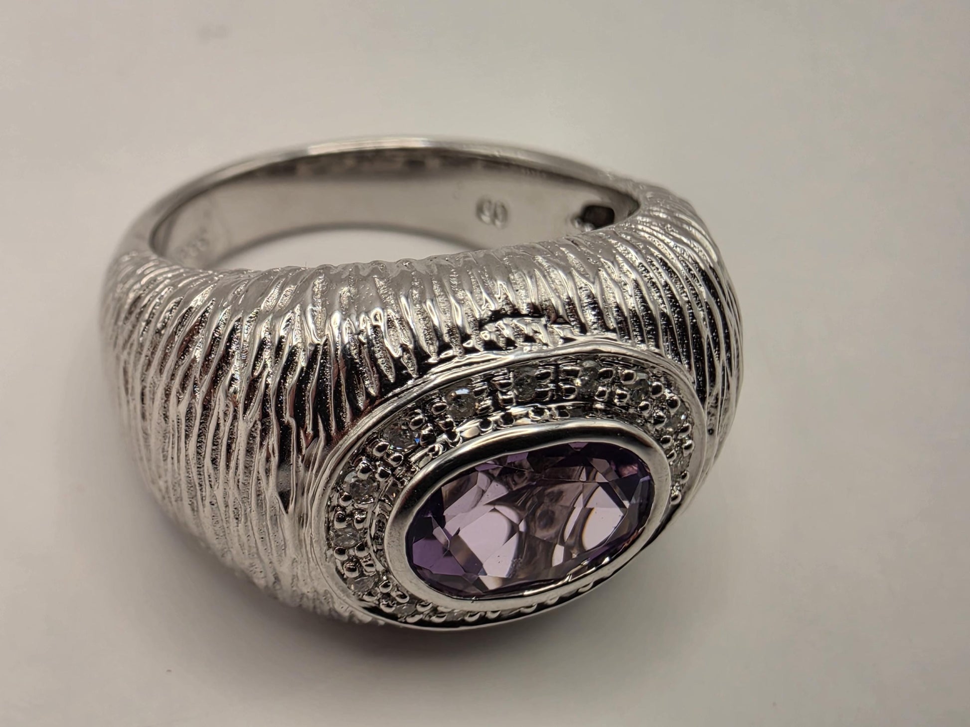 925 Sterling Silver Amethyst Ring Genuine Diamond Accent Purple Gemstone Textured Dome Womens Cocktail Ring February Birthstone Gift for Her