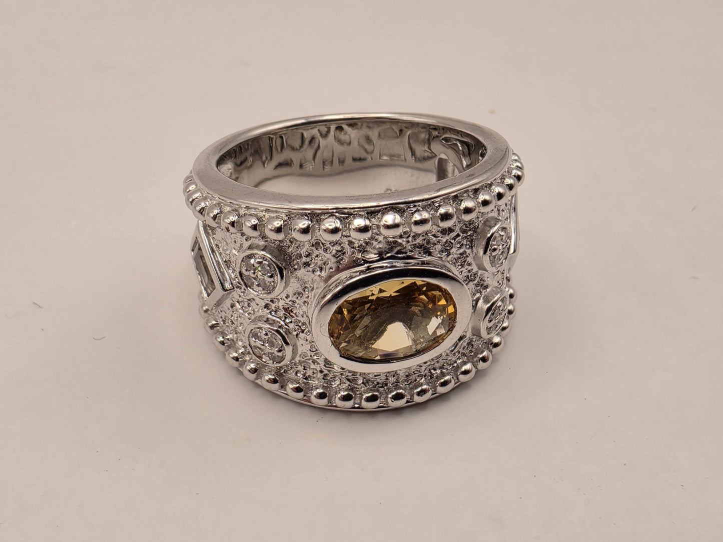 925 Sterling Silver Citrine Ring Genuine Diamond Yellow Gemstone Granulated Dome Womens Cocktail Ring November Birthstone Gift for Her