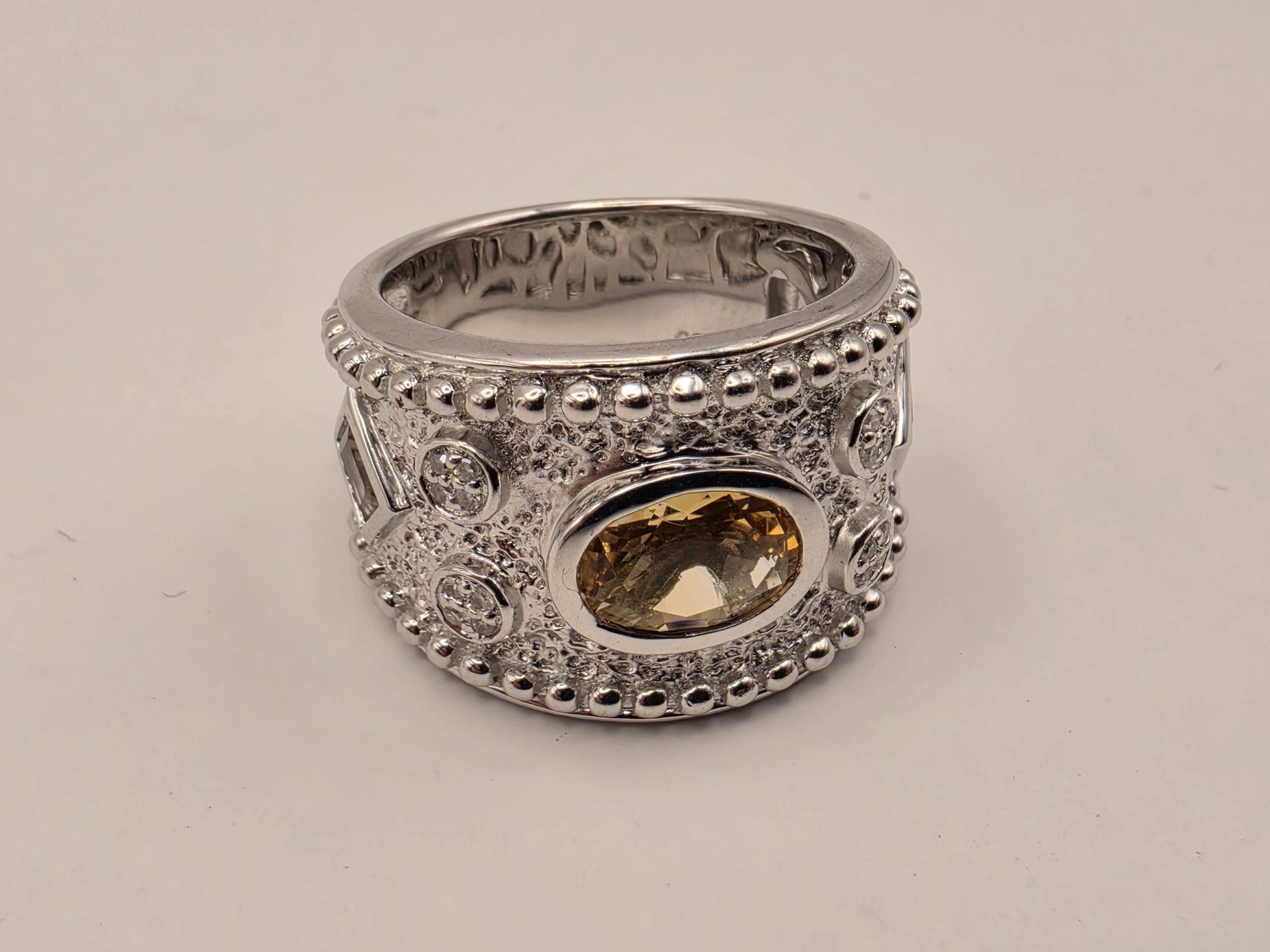 925 Sterling Silver Citrine Ring Genuine Diamond Yellow Gemstone Granulated Dome Womens Cocktail Ring November Birthstone Gift for Her
