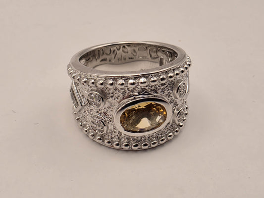 925 Sterling Silver Citrine Ring Genuine Diamond Yellow Gemstone Granulated Dome Womens Cocktail Ring November Birthstone Gift for Her
