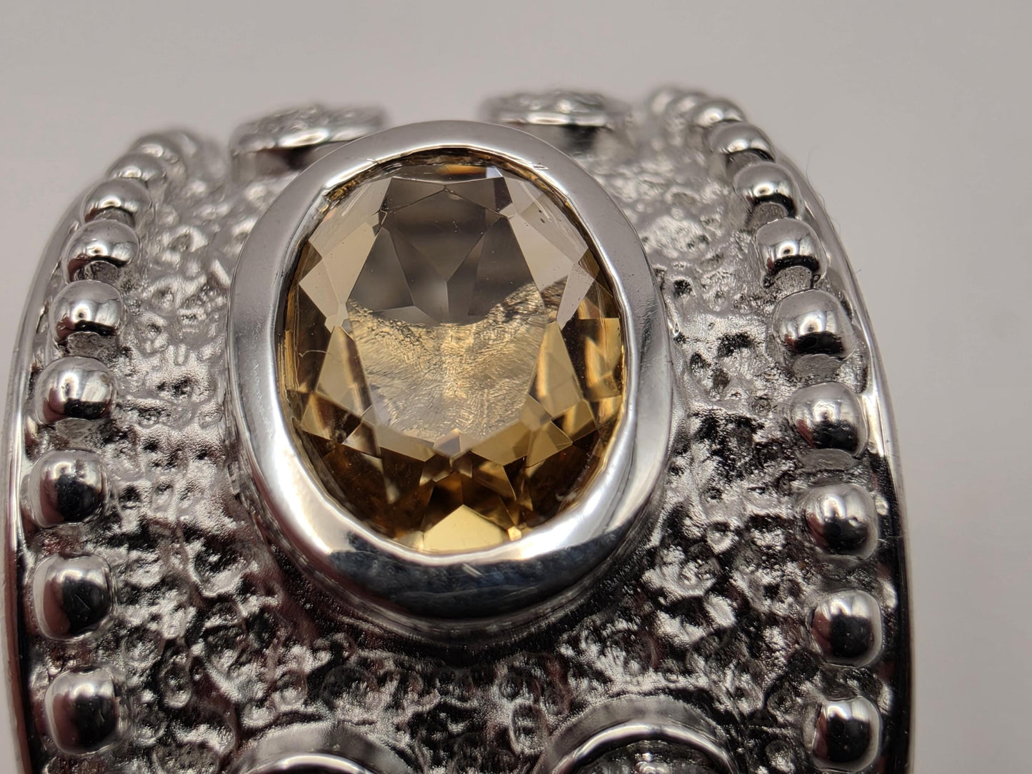 925 Sterling Silver Citrine Ring Genuine Diamond Yellow Gemstone Granulated Dome Womens Cocktail Ring November Birthstone Gift for Her