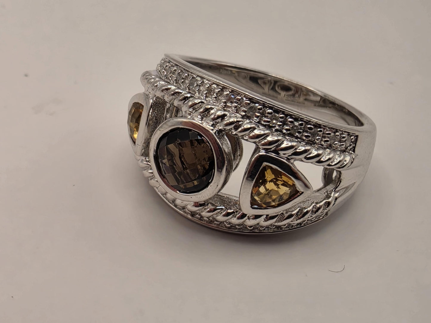 925 Sterling Silver Citrine Ring Genuine Diamond Accent Gemstone Wide Band Womens Cocktail Statement Ring Fine Jewelry Gift for Her