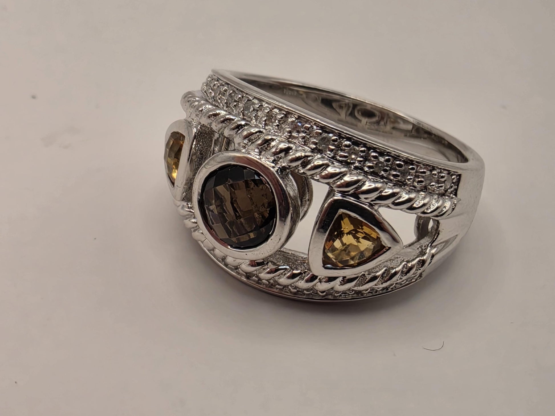 925 Sterling Silver Citrine Ring Genuine Diamond Accent Gemstone Wide Band Womens Cocktail Statement Ring Fine Jewelry Gift for Her