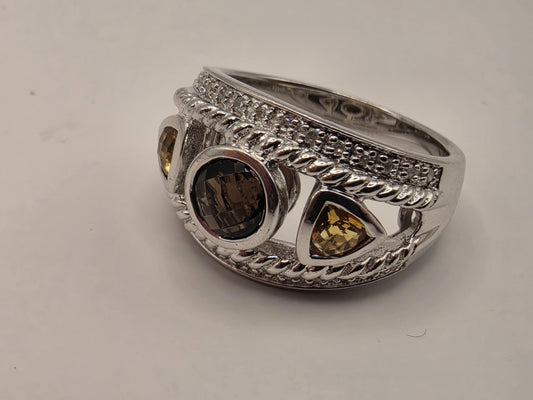 925 Sterling Silver Citrine Ring Genuine Diamond Accent Gemstone Wide Band Womens Cocktail Statement Ring Fine Jewelry Gift for Her