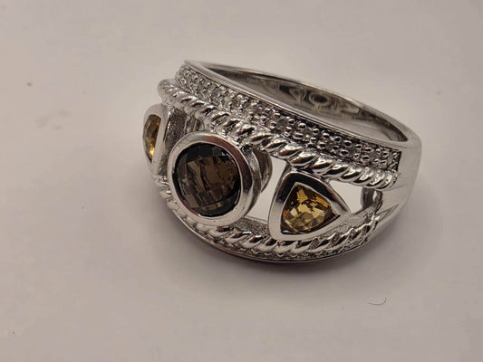 925 Sterling Silver Citrine Ring Genuine Diamond Accent Gemstone Wide Band Womens Cocktail Statement Ring Fine Jewelry Gift for Her