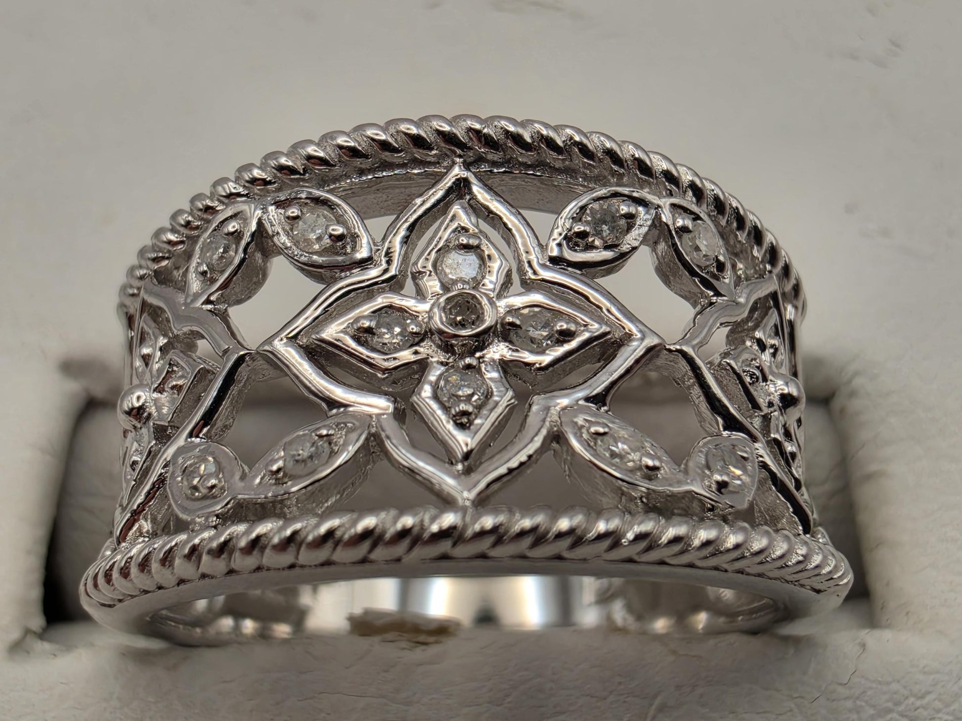 925 Sterling Silver Diamond Band Ring Genuine Diamond 0.08ct Openwork Floral Fancy Band Womens Fine Jewelry Anniversary Ring Gift for Her