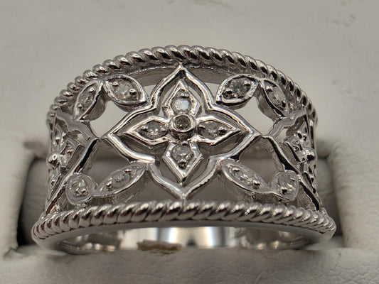 925 Sterling Silver Diamond Band Ring Genuine Diamond 0.08ct Openwork Floral Fancy Band Womens Fine Jewelry Anniversary Ring Gift for Her