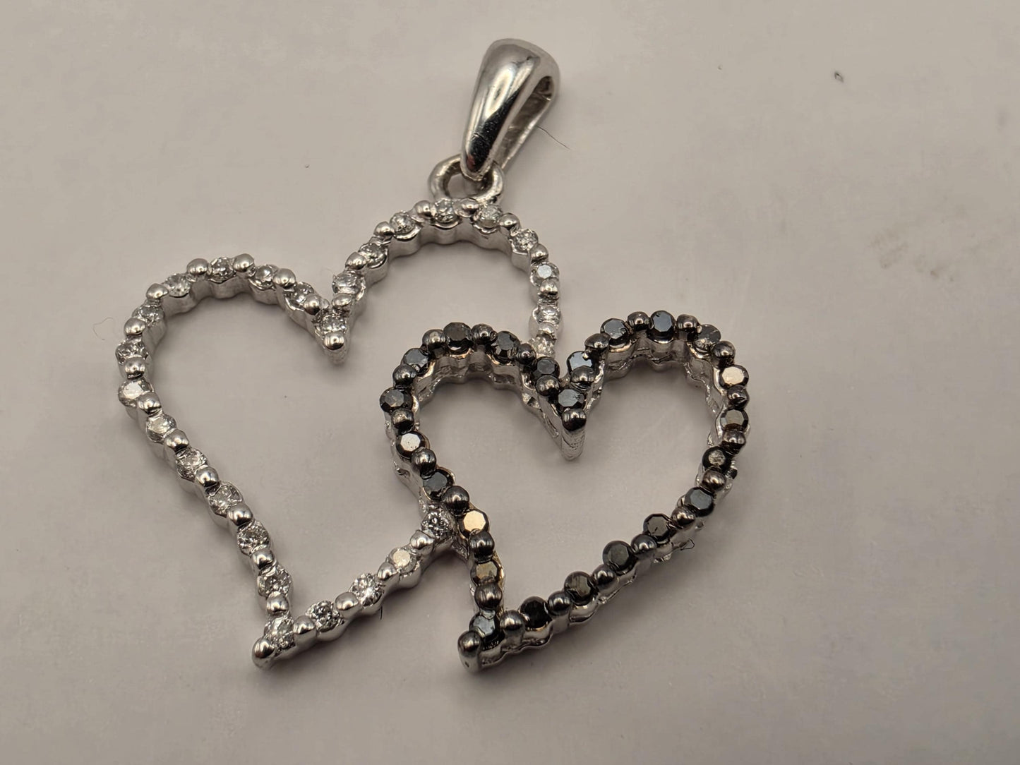 10k White Gold Double Heart Pendant Genuine White and Black Diamond Interlocking Hearts Womens Fine Jewelry Gift for Her Anniversary