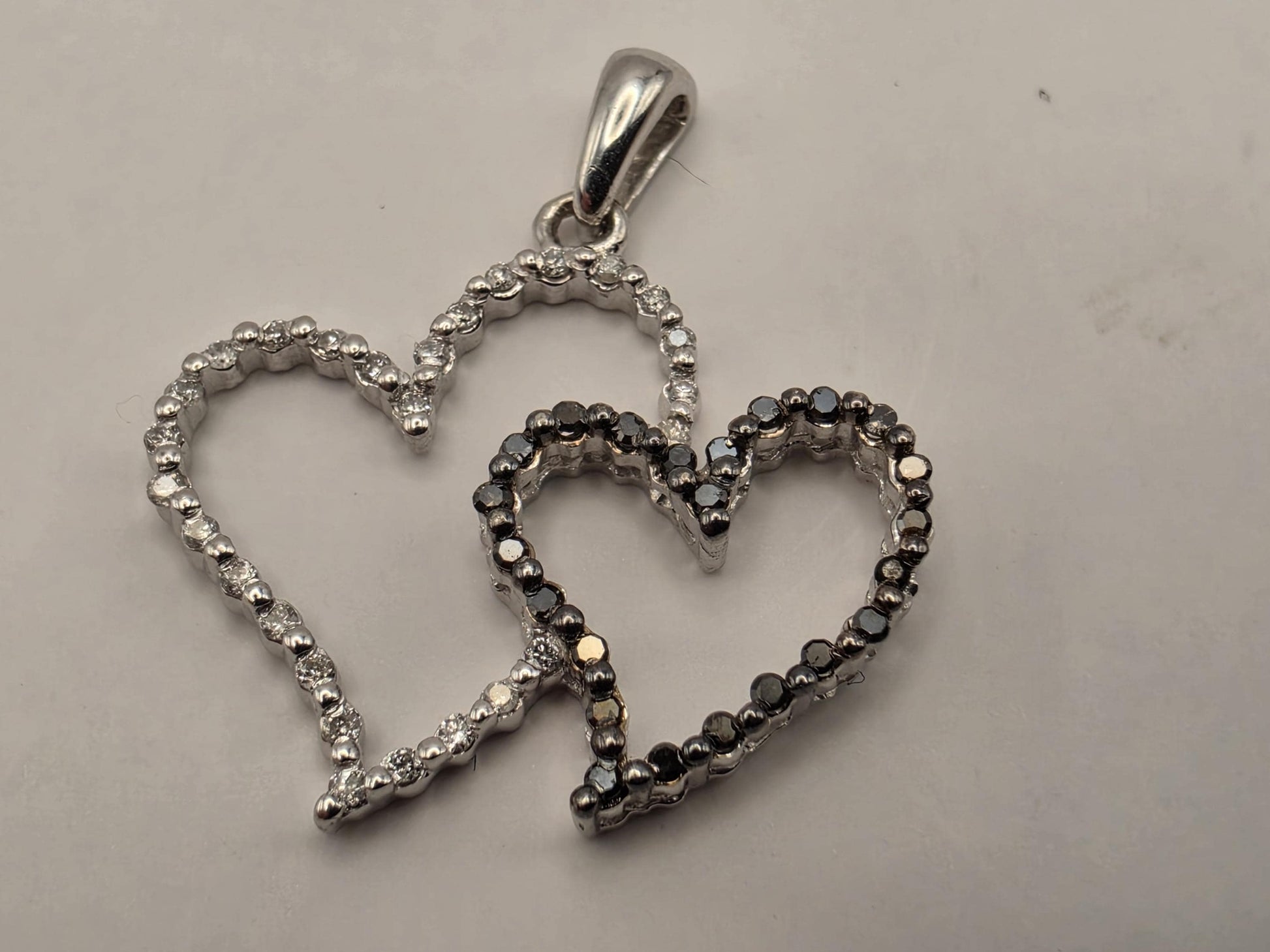 10k White Gold Double Heart Pendant Genuine White and Black Diamond Interlocking Hearts Womens Fine Jewelry Gift for Her Anniversary