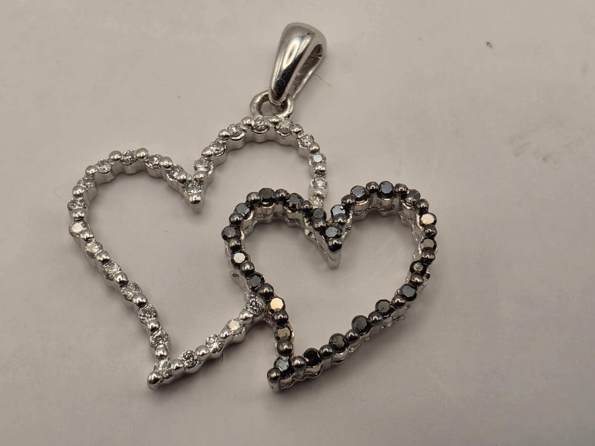 10k White Gold Double Heart Pendant Genuine White and Black Diamond Interlocking Hearts Womens Fine Jewelry Gift for Her Anniversary
