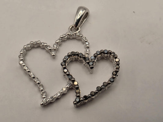 10k White Gold Double Heart Pendant Genuine White and Black Diamond Interlocking Hearts Womens Fine Jewelry Gift for Her Anniversary