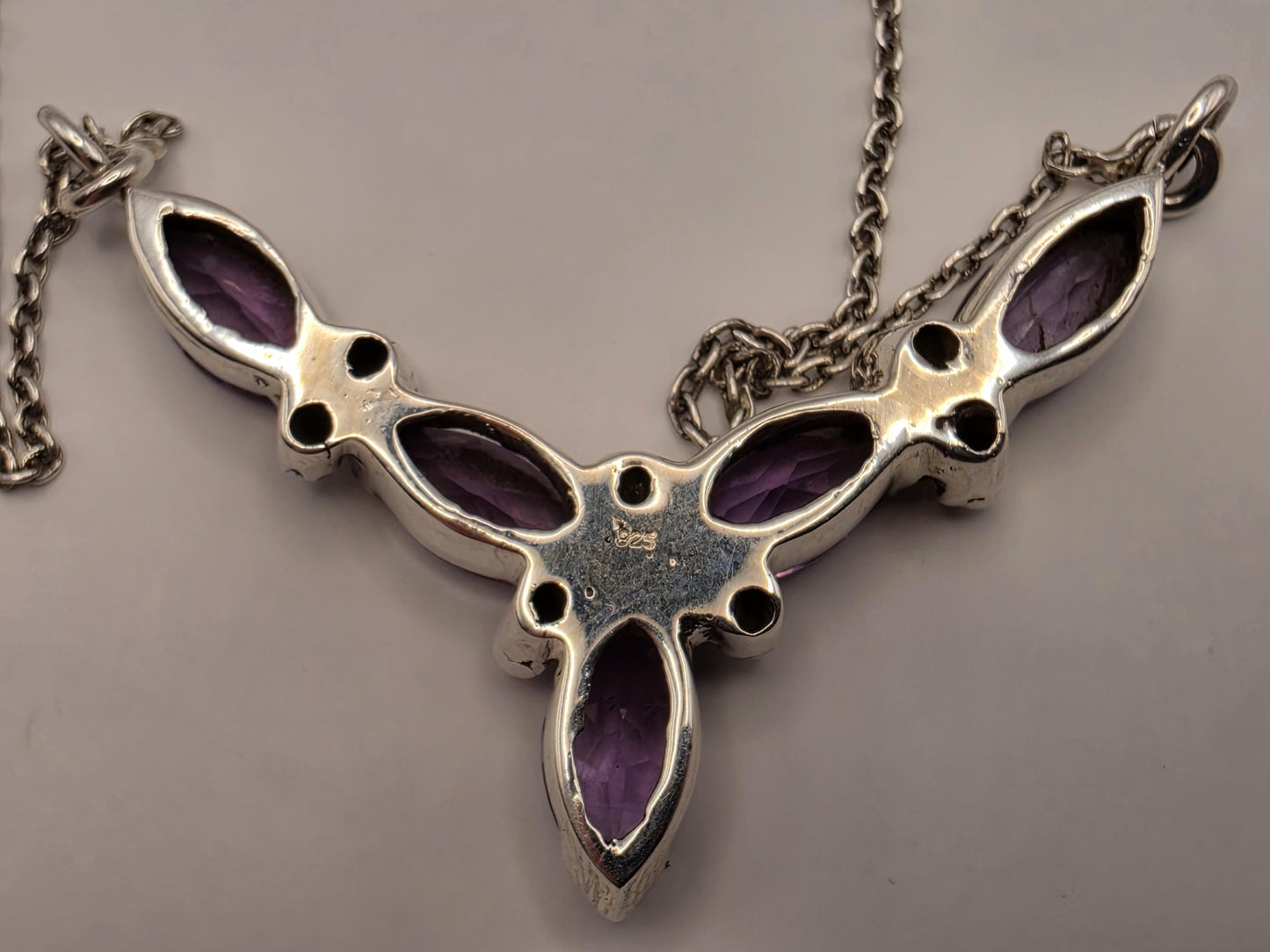 Genuine Amethyst Floral Necklace Sterling Silver 17 Inch Marquise Gemstone Cluster Toggle February Birthstone Gift
