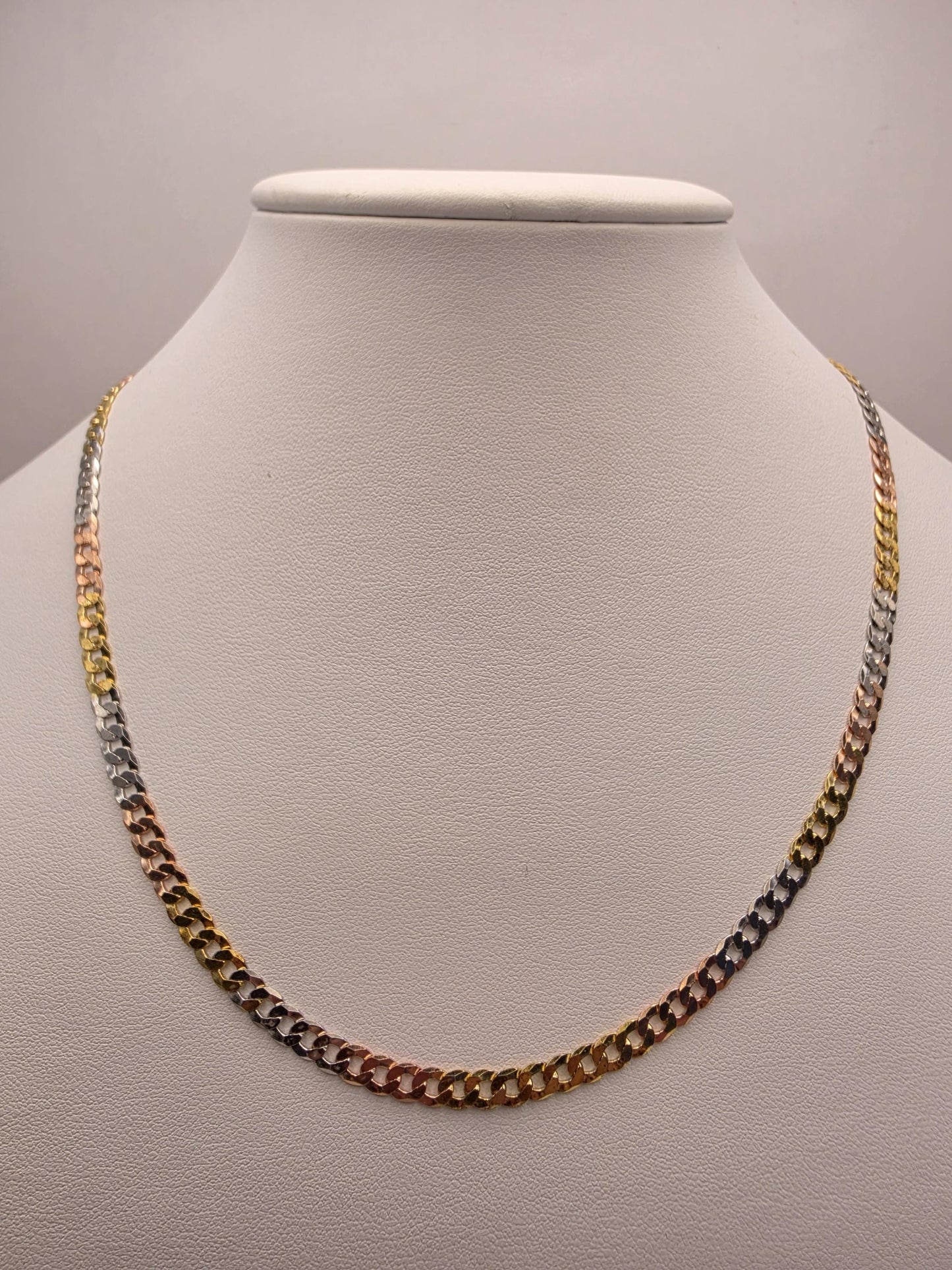 Tri Color Gold Plated Sterling Silver Cuban Link Necklace 18 Inch 4.5mm Yellow Rose White Chain Unisex Gift