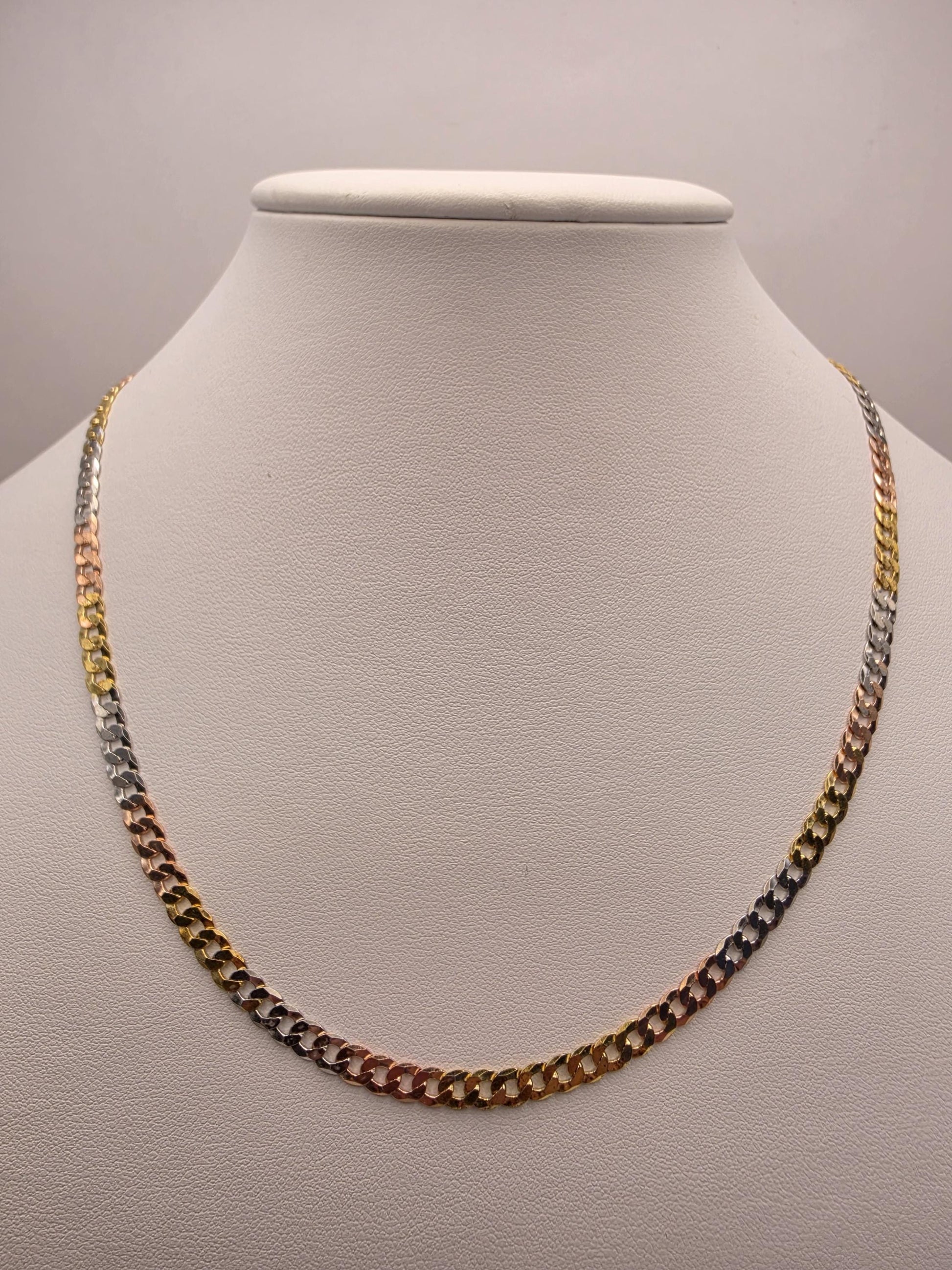 Tri Color Gold Plated Sterling Silver Cuban Link Necklace 18 Inch 4.5mm Yellow Rose White Chain Unisex Gift