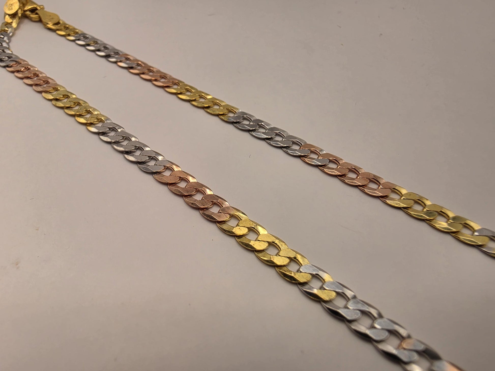 Tri Color Gold Plated Sterling Silver Cuban Link Necklace 18 Inch 4.5mm Yellow Rose White Chain Unisex Gift