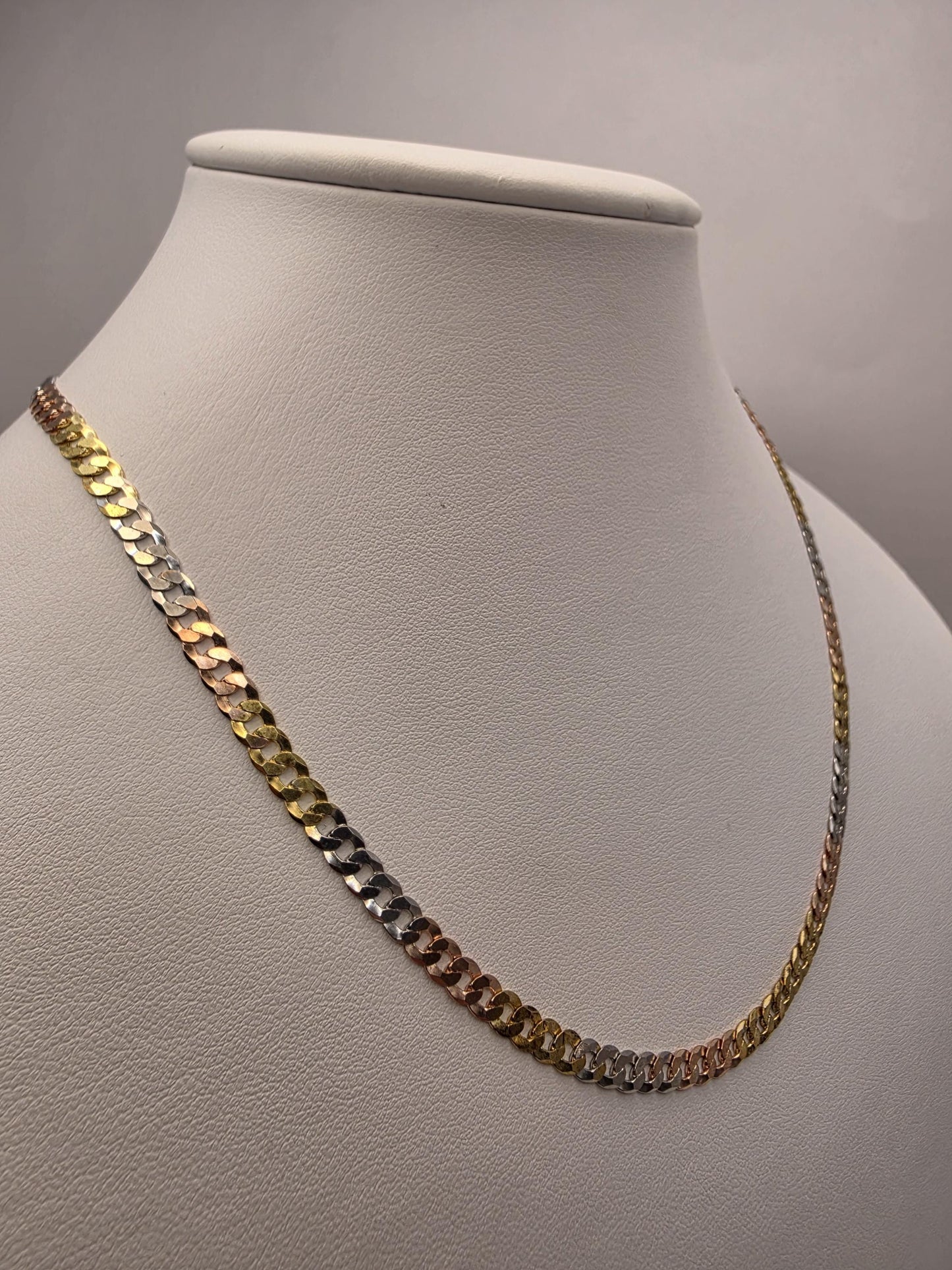 Tri Color Gold Plated Sterling Silver Cuban Link Necklace 18 Inch 4.5mm Yellow Rose White Chain Unisex Gift